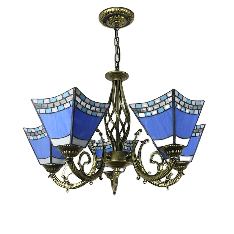 Vintage Tiffany Handmade Art Stained Glass 5 Head 6 Inch Dovetail Chandelier Tiffany Chandelier