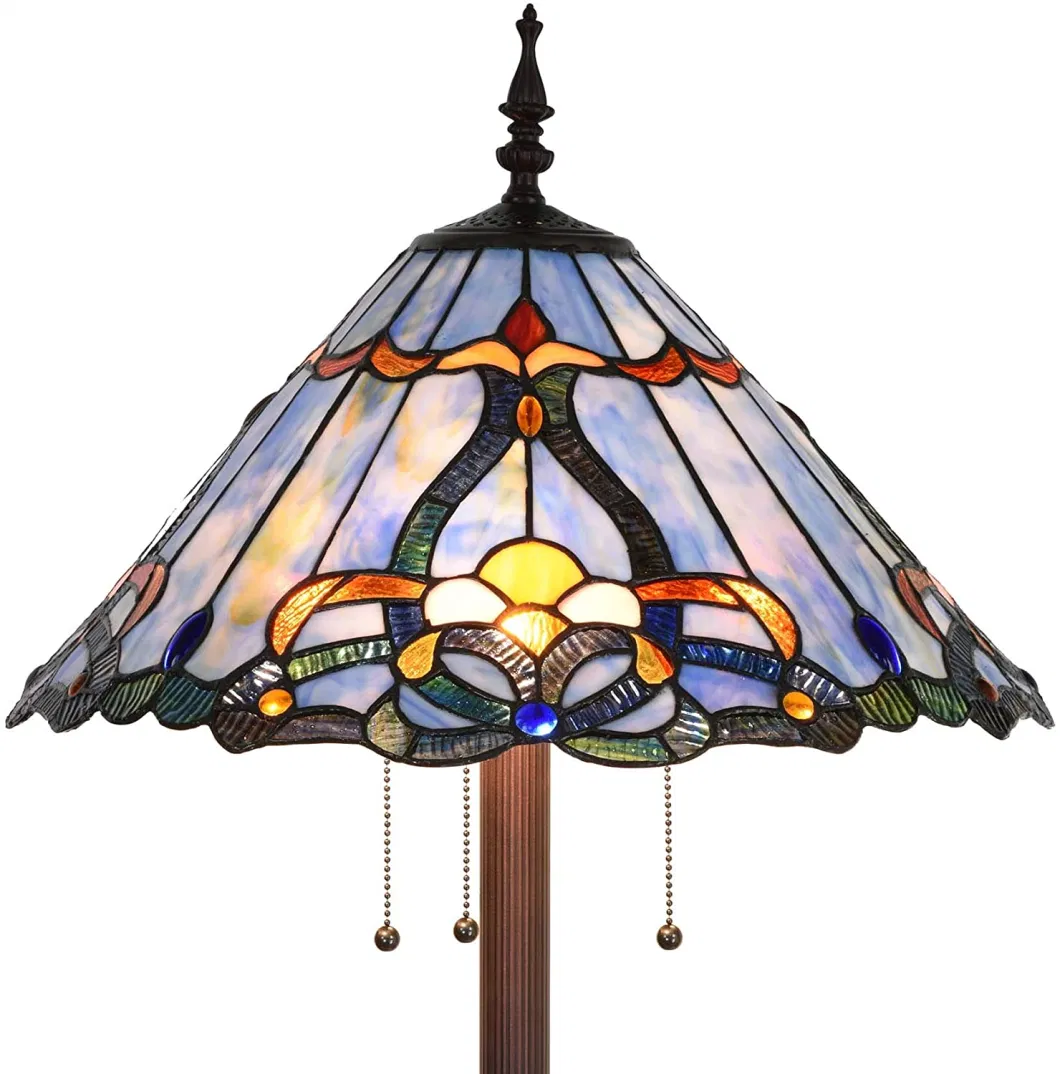 Bieye Baroque Tiffany Style Stained Glass Floor Lamp with 18 Inch Wide Blue Shade for Reading Working Bedroom Living Room, 3 Lights, 63 Inch Tall