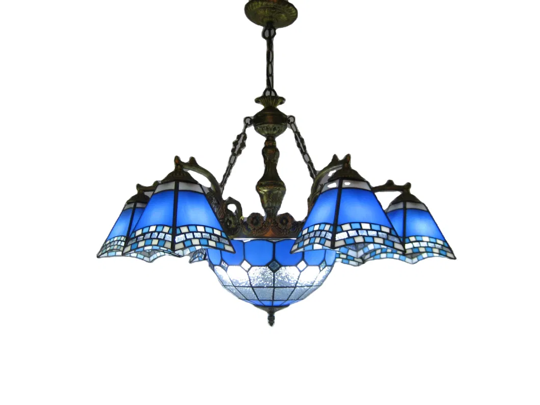 Vintage Tiffany Handmade Art Stained Glass 5 Head 6 Inch Dovetail Chandelier Tiffany Chandelier